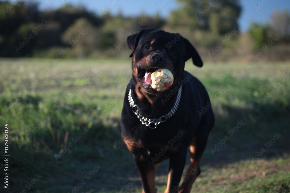 Rottweiler läuft mit einem Apfel im Maul eine Wiese entlang Rottweiler läuft mit einem Apfel im Maul eine Wiese entlang
