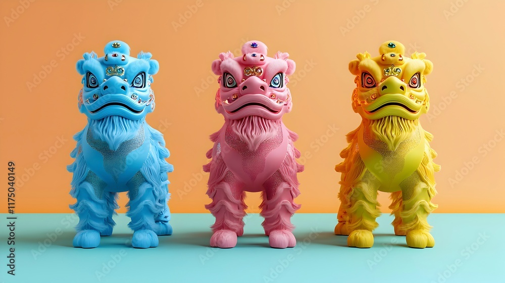 Fototapeta premium Colorful Decorative Lion Statues Display