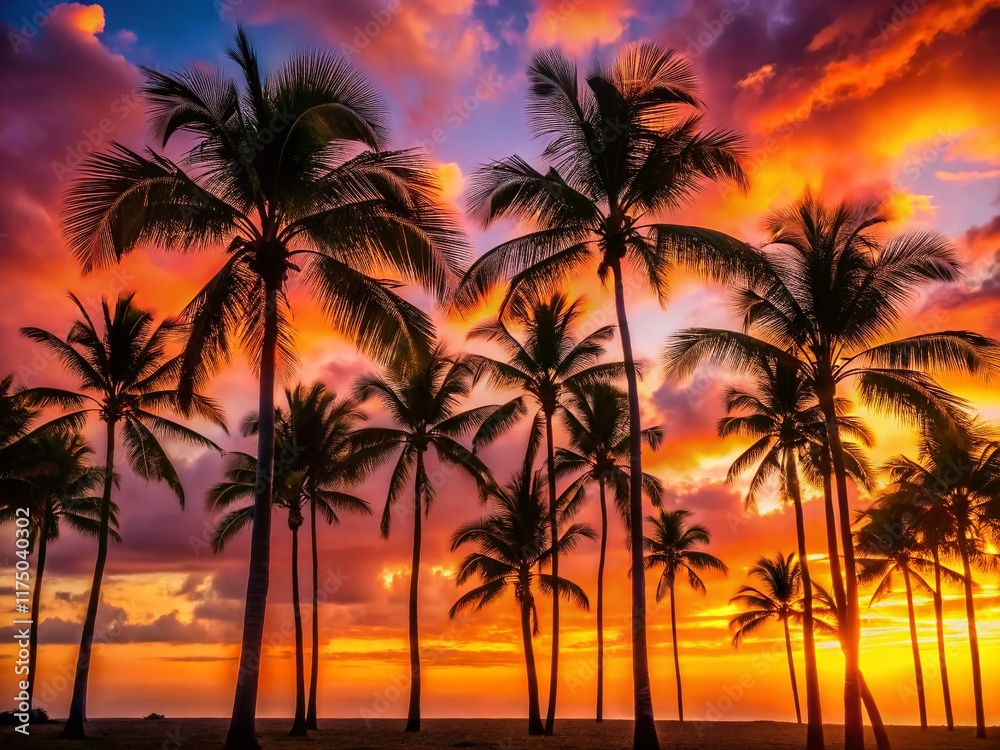 Obraz premium Hawaiian Sunset Silhouette: Palm Trees & Golden Sky