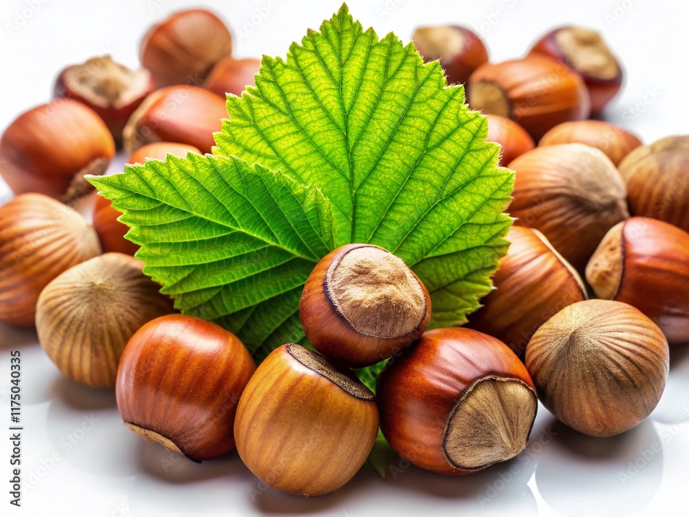 Hazelnuts and Green Leaves: Fresh Harvest on White Background Hazelnuts and Green Leaves: Fresh Harvest on White Background