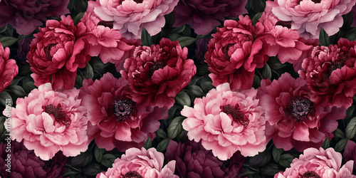 Elegant floral painting seamless pattern with red, burgundy and pink peonies, leaves, flowers. Ornate floral background. Luxury botanical wallpapers. Repeated all-over design for decor, textile, print