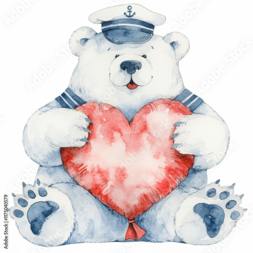 Adorable Polar Bear Sailor Holding Heart Watercolor Illustration Valentine s Day Romantic photo