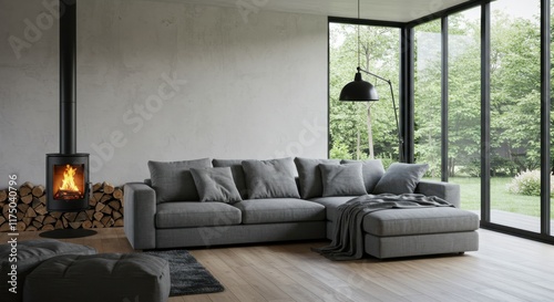 Modern minimalist living room, large windows with forest view, gray L-shaped sofa, black dome pendant light, stacked firewood, cozy throw blanket, floor lamp, neutral color palette, clean lines, natur