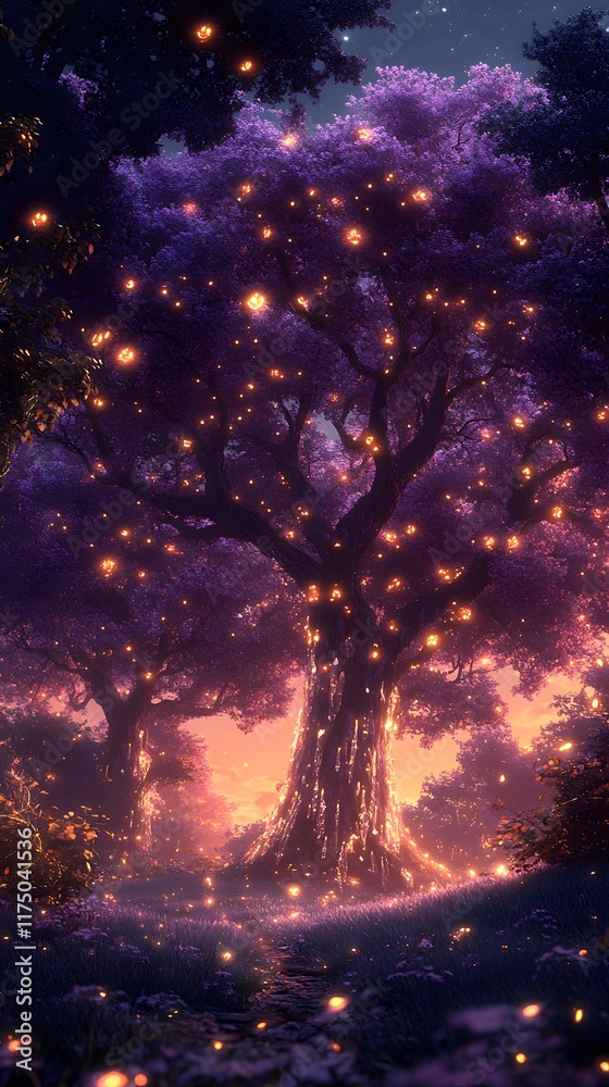 Naklejka premium Magical enchanted forest at night with glowing fireflies illuminating large tree.