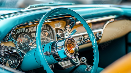 The dashboard of a classic car showcases analog gauges, including a speedometer and tachometer, highlighting the vehicle's vintage design and craftsmanship. photo