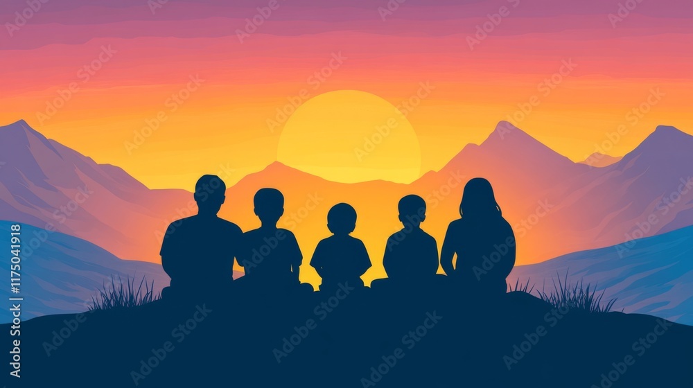 Fototapeta premium A silhouette of a family sitting together on a hilltop, watching a sunset, with the colorful sky behind them and their outlines sharp against the light
