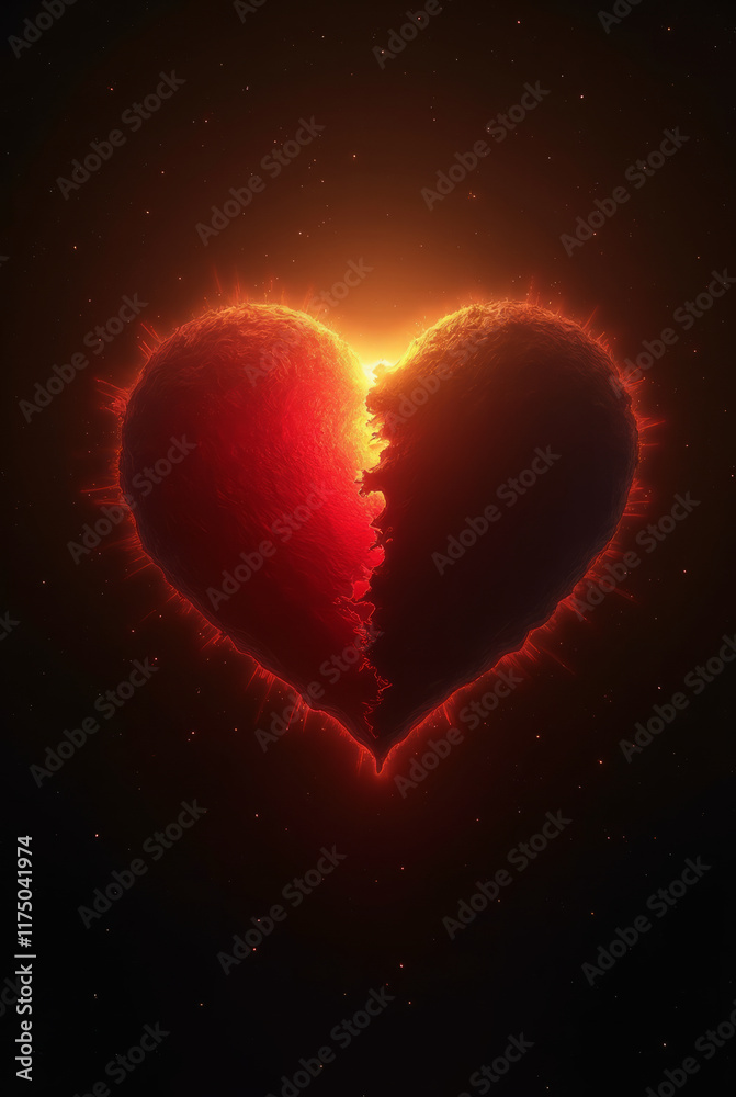 A Glowing Red Heart Partially Eclipsed by a Black Silhouette of Another Heart, A Radiant Gold Glow A Glowing Red Heart Partially Eclipsed by a Black Silhouette of Another Heart, A Radiant Gold Glow