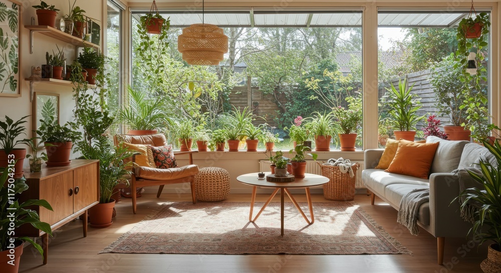 Obraz premium Cozy sunroom, bohemian interior, large windows, natural light, hanging plants, wooden shelves, rattan pendant light, gray sofa, orange cushions, wooden coffee table, potted plants, wooden sideboard, w