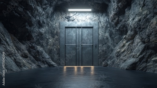 Mysterious Metal Door in a Dark Cave photo