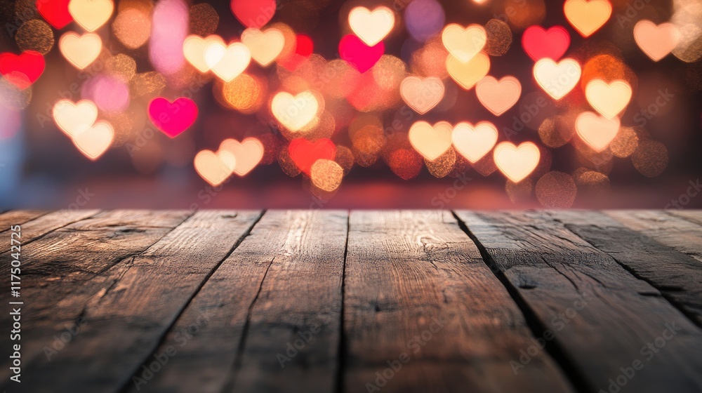 Rustic wooden table with a blurred Valentines Day-themed backdrop of hearts and pink lighting. Rustic wooden table with a blurred Valentines Day-themed backdrop of hearts and pink lighting.