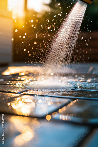 Wasser spritzt auf eine Oberfläche im Sonnenlicht, lebhaft und frisch

 photo