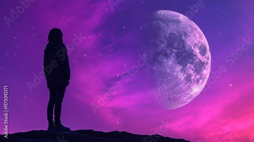 Silhouette of a person standing on a hill gazing at a large, textured moon in a vibrant purple and pink starry sky. Ideal for fantasy or sci-fi backgrounds, posters, or book covers. photo