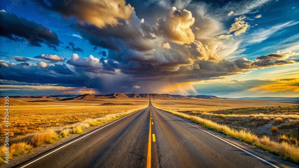 Naklejka premium Panoramic Wyoming Highway: Empty Road Scenic Vista