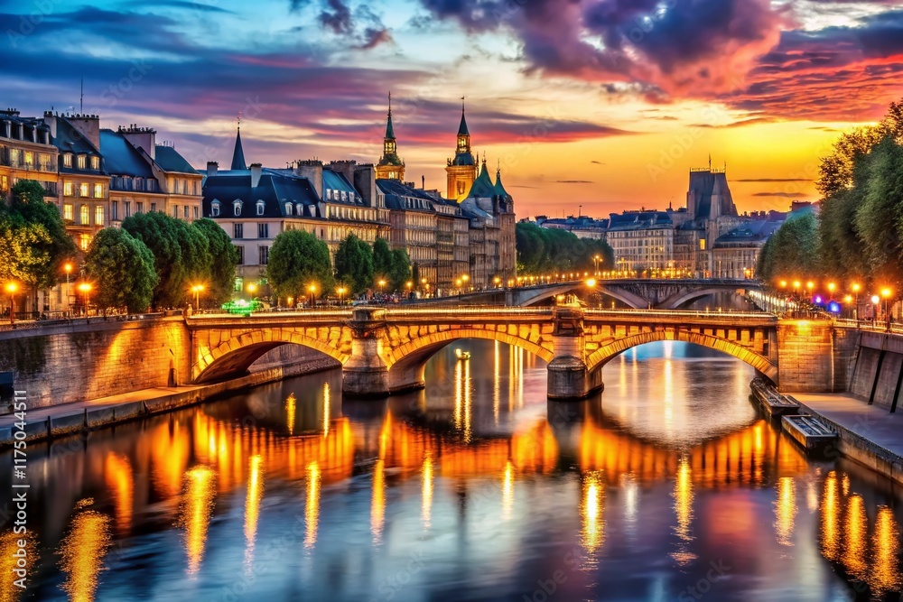 Fototapeta premium Paris Night Scene: Sunset over Seine River & Louis-Philippe Bridge