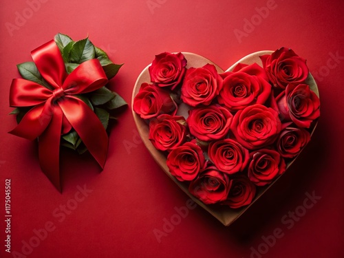 Heart-Shaped Gift Box, Roses, Red Background: Valentine's Day Flat Lay