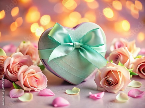 Heart-Shaped Gift Box with Satin Ribbon & Petals - Pastel Background Stock Photo