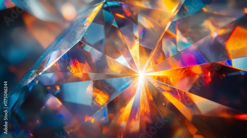 Vivid holographic reflections and light patterns show the intricate facets of a crystal gem under bright light conditions