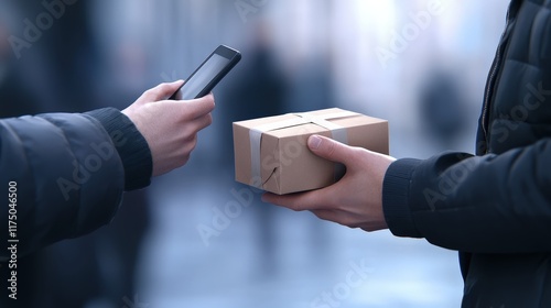 Individual Engaged in Mobile Communication While Receiving Package Creating a Moment of Anticipation and Convenience in Everyday Life Experience