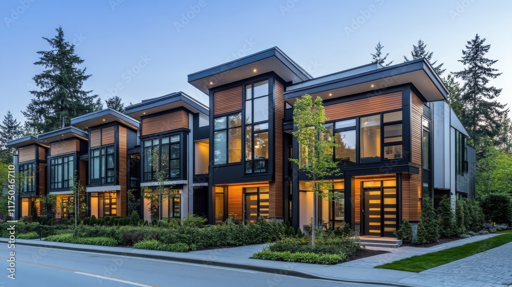 Modern luxury townhouse row with sleek geometric design and glass facades Modern luxury townhouse row with sleek geometric design and glass facades