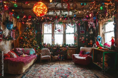 Exuberantly decorated Christmas room, tree, and furniture.