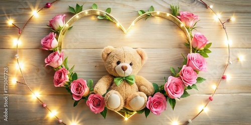 Heart-Shaped Rose Frame with Teddy Bear Holding Heart - Romantic Valentine's Day Stock Photo