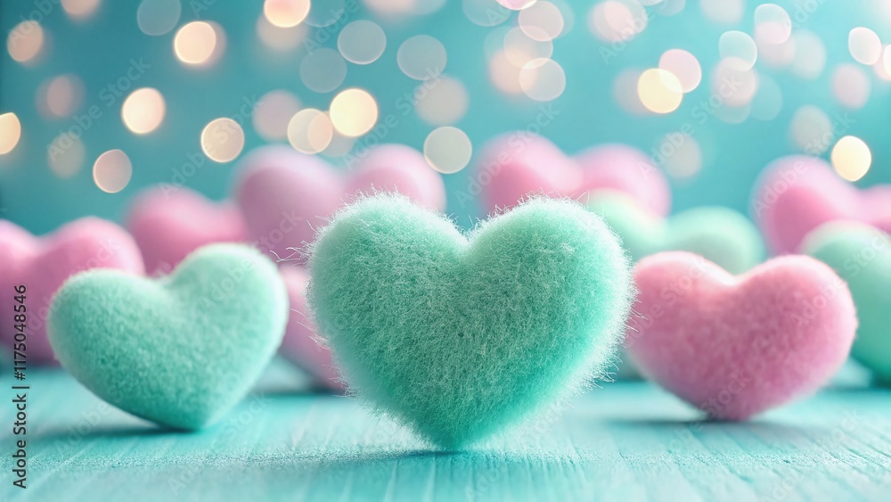Obraz premium Pastel Pink & Mint Green Valentine Hearts on Turquoise - Minimalist Modern Valentine's Day Stock Photo