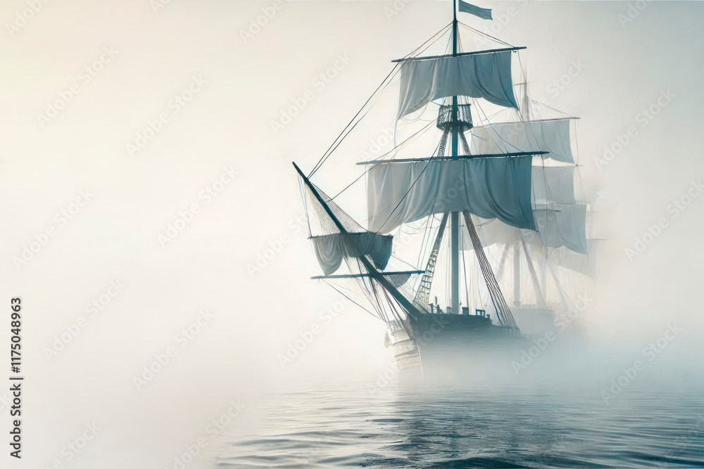 Sailboat in fog on calm water. Space for text. Sailboat in fog on calm water. Space for text.