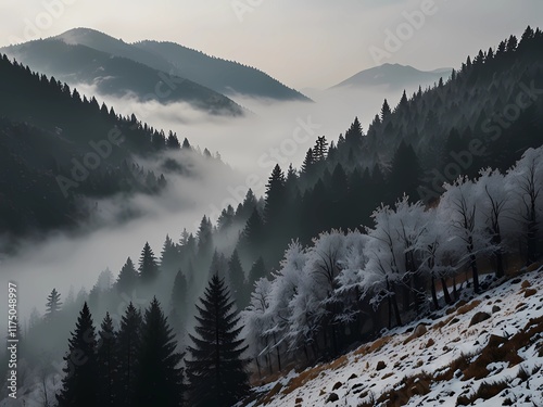 The season changes to winter the weather with Mountain and hill, Nature with fog