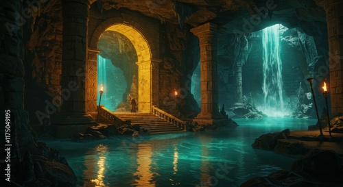 Underground cavern, glowing archway, luminous waterfall, reflective pool, fantasy grotto, magical atmosphere, torchlit chamber, ancient ruins, ethereal light, mysterious passageway, subterranean oasis
