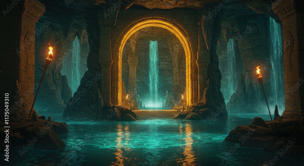 Obraz premium Underground cavern, glowing archway, luminous waterfall, reflective pool, fantasy grotto, magical atmosphere, torchlit chamber, ancient ruins, ethereal light, mysterious passageway, subterranean oasis