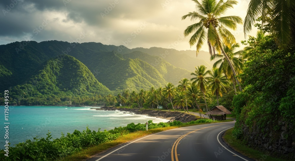 Fototapeta premium Tropical coastal road, winding asphalt, lush green mountains, turquoise bay, palm trees, dramatic cloudy sky, golden sunlight, scenic Caribbean landscape, curving highway, paradise island, vibrant col