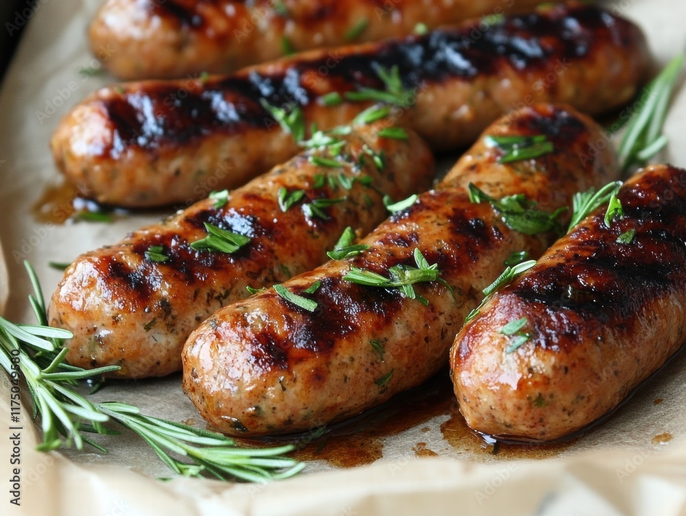 A plate of chicken and herb sausages with herbs on top