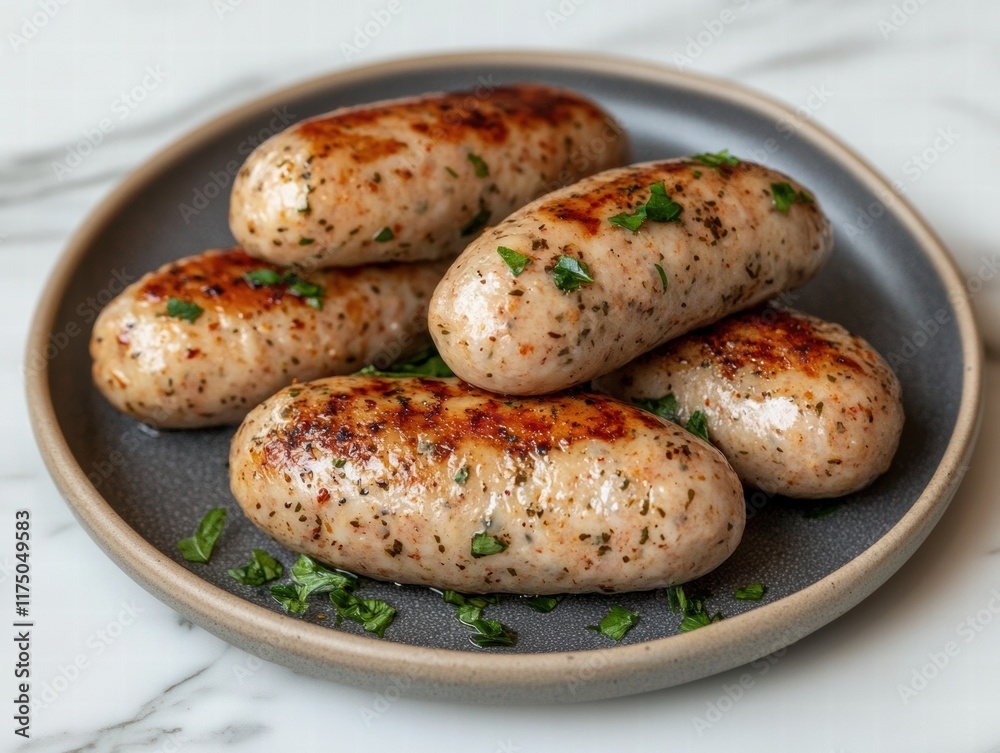 A plate of chicken and herb sausages with parsley on top A plate of chicken and herb sausages with parsley on top