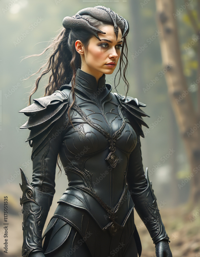 A mystical warrior clad in sleek black armor adorned with serpent-like patterns, her being is entwined with a shadowy, A mystical warrior clad in sleek black armor adorned with serpent-like patterns, her being is entwined with a shadowy,