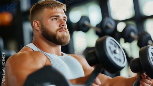 Man lifting weights in gym, focusing on building muscle and strength, wearing tank top, with beard, determined expression. photo