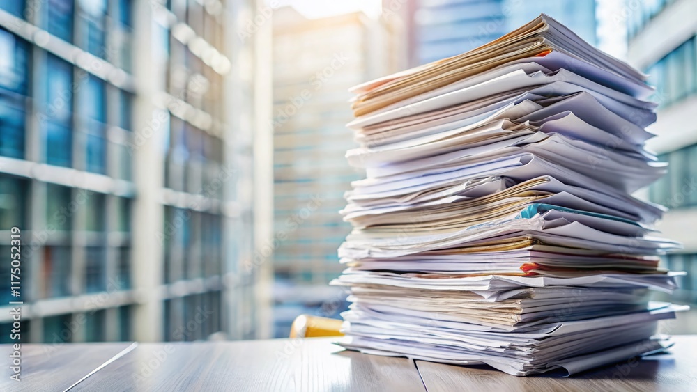 Obraz premium Perfectly Aligned Stack of Papers Reaching the Summit of Organization - Stock Photo