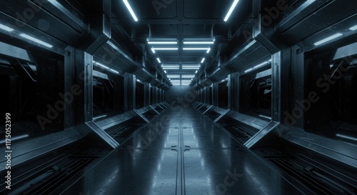 futuristic tunnel, sci-fi corridor, neon blue glow, geometric patterns, hexagonal shapes, dark metallic surfaces, cyberpunk aesthetic, perspective view, high-tech environment, symmetrical design, glow