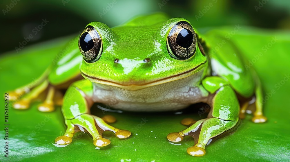Fototapeta premium Green Tree Frog Perched on a Lush Green Leaf