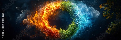 A captivating depiction of a circular formation with fire, water, and earth elements blending in a vibrant and dynamic interplay representing nature's cyclical forces. photo
