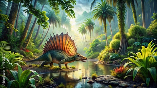 Permian Period Animals: Ancient Reptiles & Amphibians in Lush Prehistoric Swamp photo