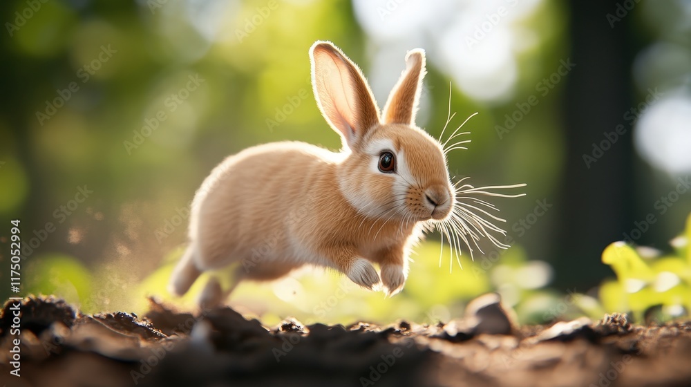 Small Rabbit Joyfully Hopping Through Lush Green Woods Surrounded by Tall Trees and Vibrant Flora in a Tranquil Natural Habitat Scene Small Rabbit Joyfully Hopping Through Lush Green Woods Surrounded by Tall Trees and Vibrant Flora in a Tranquil Natural Habitat Scene