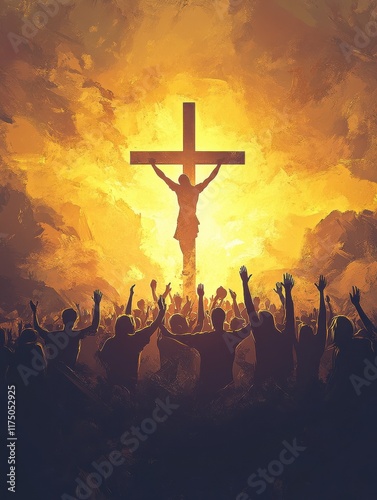 Christian worshipers raising hands up in the air in front of the cross photo