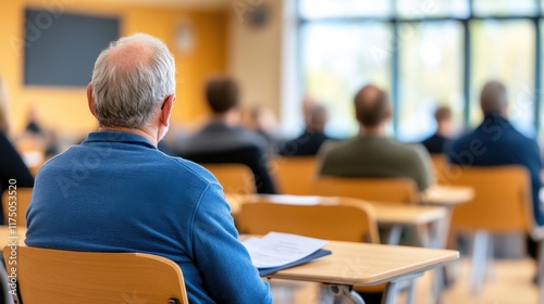 A focused man sitting in a bright classroom engaged in learning during a retirement planning seminar reflecting determination and a hopeful future