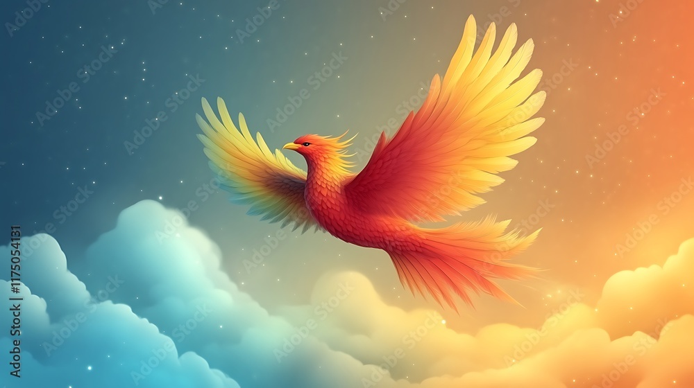 Fototapeta premium Fiery Phoenix Soaring Through Colorful Clouds