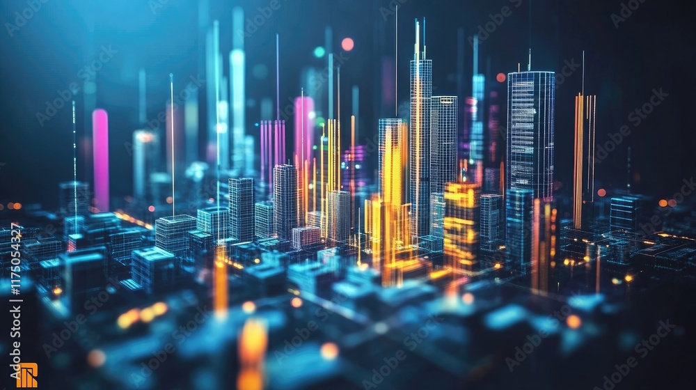 Obraz premium Futuristic Cityscape with Neon Lights and Abstract 3D Elements in a Dynamic Urban Environment