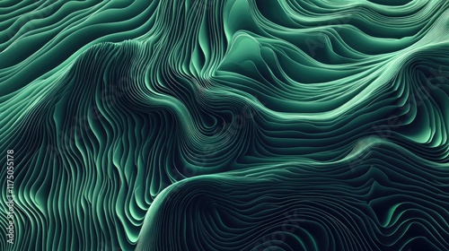 Futuristic cyan wave background with intricate flowing lines showcasing a vibrant green and textured abstract design. photo