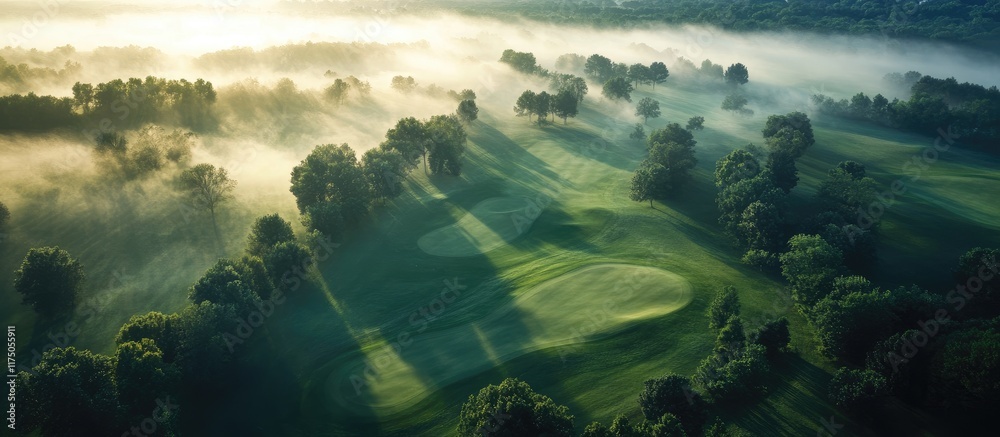 Aerial View of Lush Golf Course Shrouded in Morning Mist Creating an Enchanting Landscape with Open Space for Text Overlay Aerial View of Lush Golf Course Shrouded in Morning Mist Creating an Enchanting Landscape with Open Space for Text Overlay