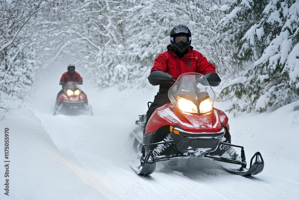 Snowmobiles trail through snowy, wooded path. Snowmobiles trail through snowy, wooded path.