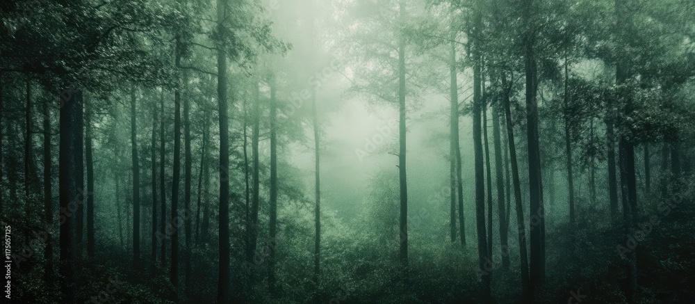 Obraz premium Mysterious dark green forest background with misty ambience and ample copyspace perfect for text overlay or graphic design use