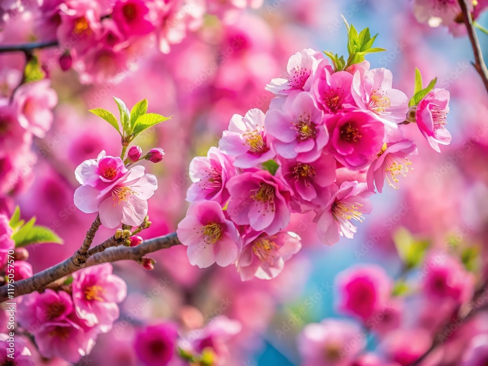 Naklejka premium Pink Cherry Blossom Trees Spring Blooming, Rule of Thirds Photography